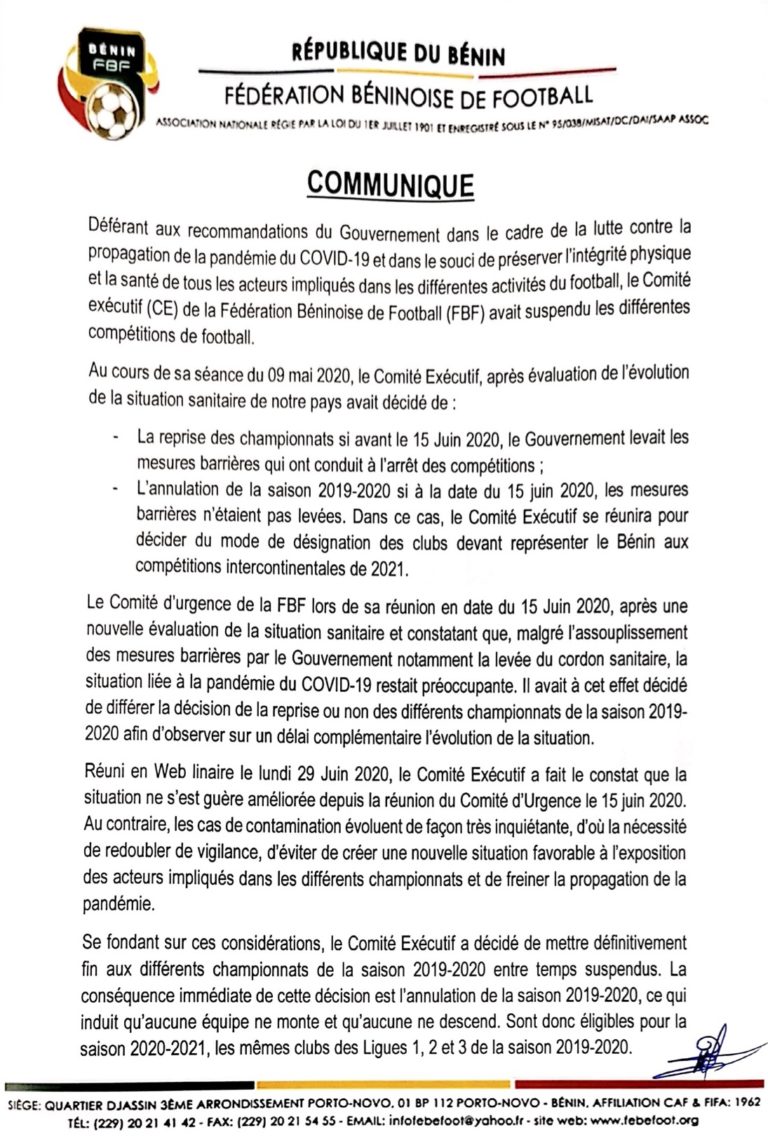 Annulation de la saison de Football 2019-2020 en raison de la COVID-19