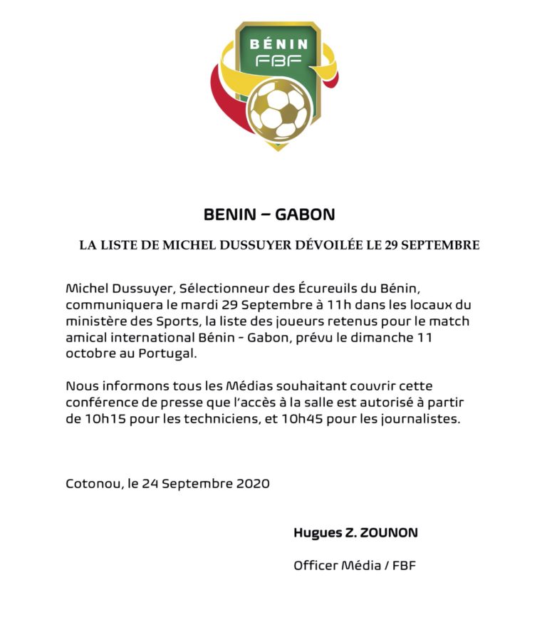 Match amical Bénin – Gabon  DUSSUYER DEVOILÉE LE 29 SEPTEMBRE