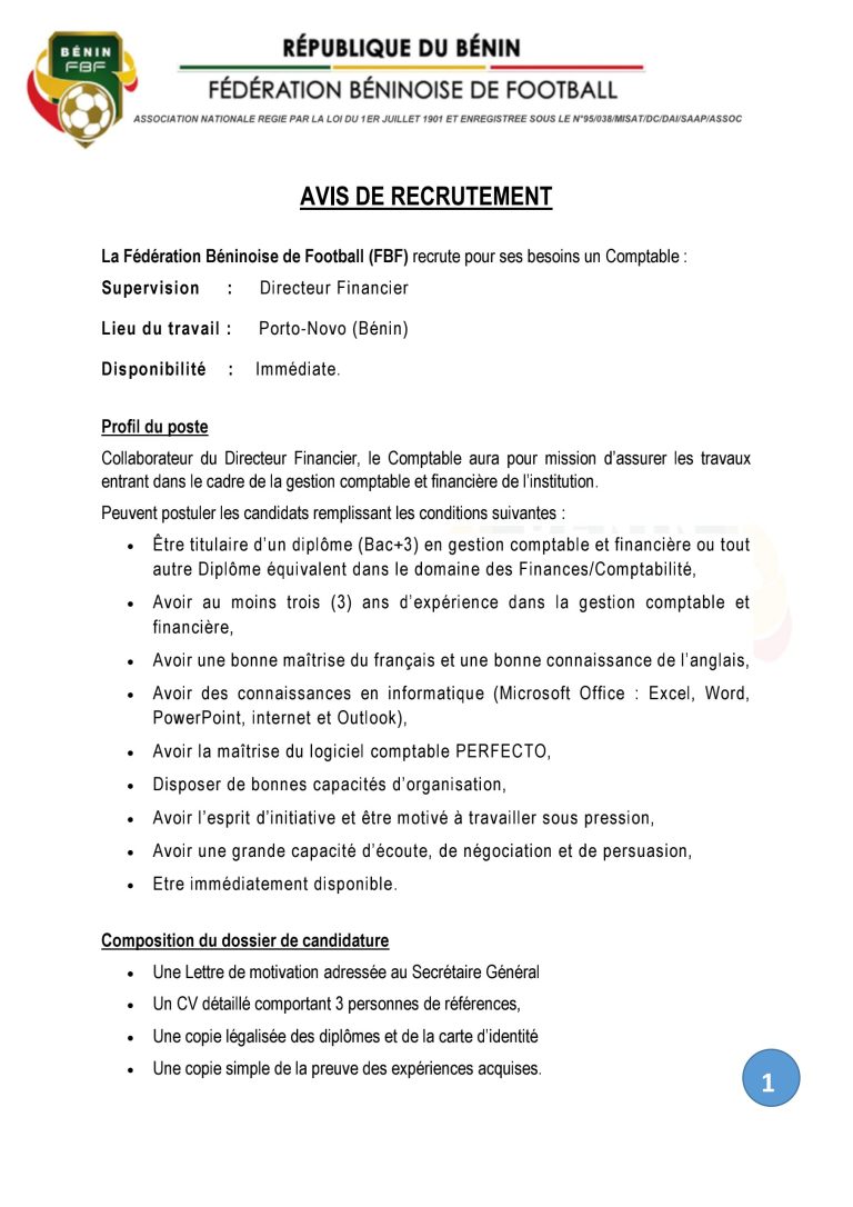 La Fédération Béninoise de Football lance un appel à candidature pour le recrutement d’un comptable